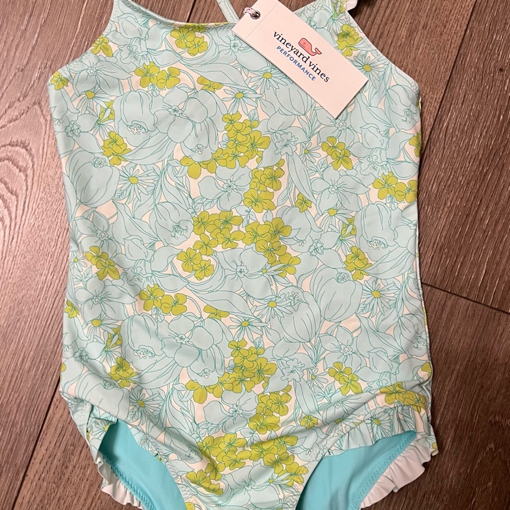 Vineyard Vines Kids Floral Swimsuit - Blue and Green
